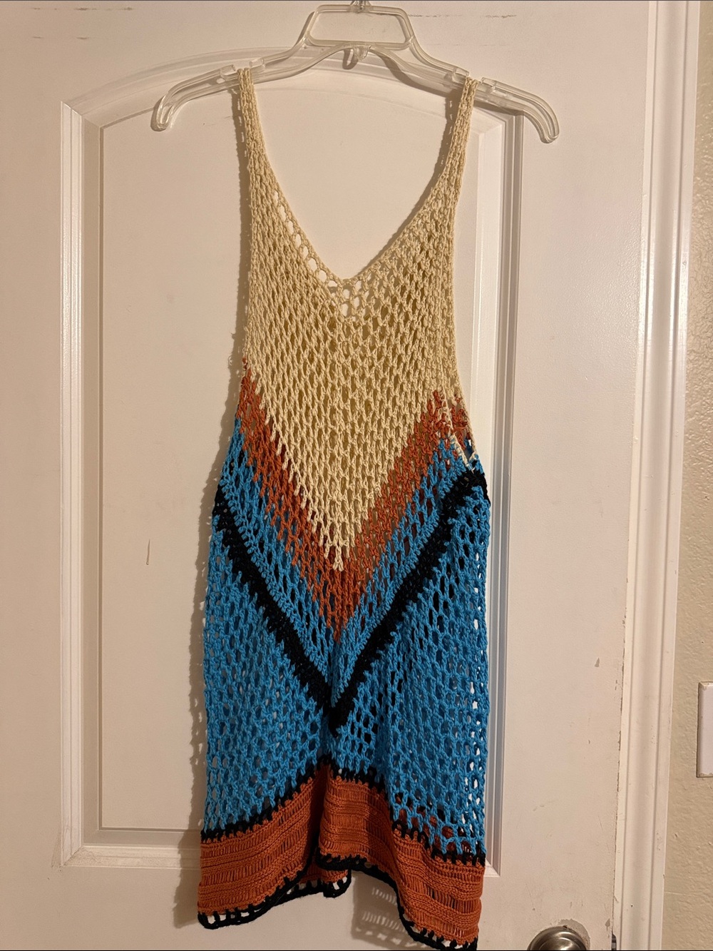 Boho Crochet V-Neck Tank Dress - Cream, Blue & Brown